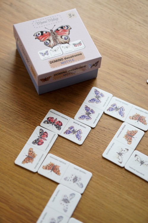 Gra dla dzieci Domino dwustronne Motyle pudełko i domino