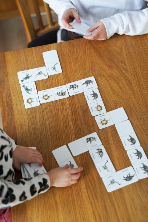 Gra dla dzieci Domino dwustronne Dinozaury dokładanie