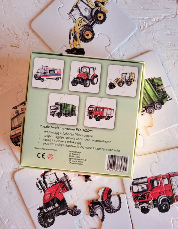 Puzzle 4-elementowe Pojazdy tył pudełko